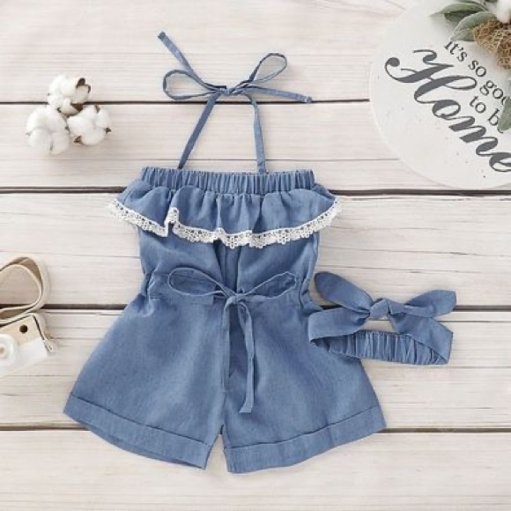 Blue Toddler Jumper w/ White Laced Trim & Coordinating Head Bow